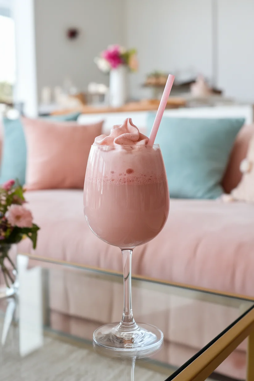Whipped pink lemonade with a frothy top layer served in a clear glass with pink straw.