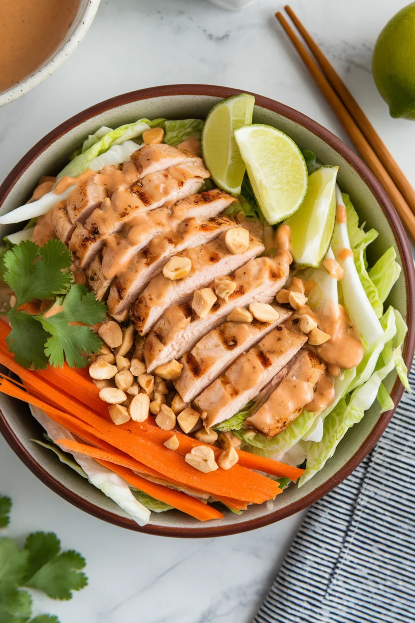 Thai peanut chicken salad with colorful veggies and peanut dressing on white marble